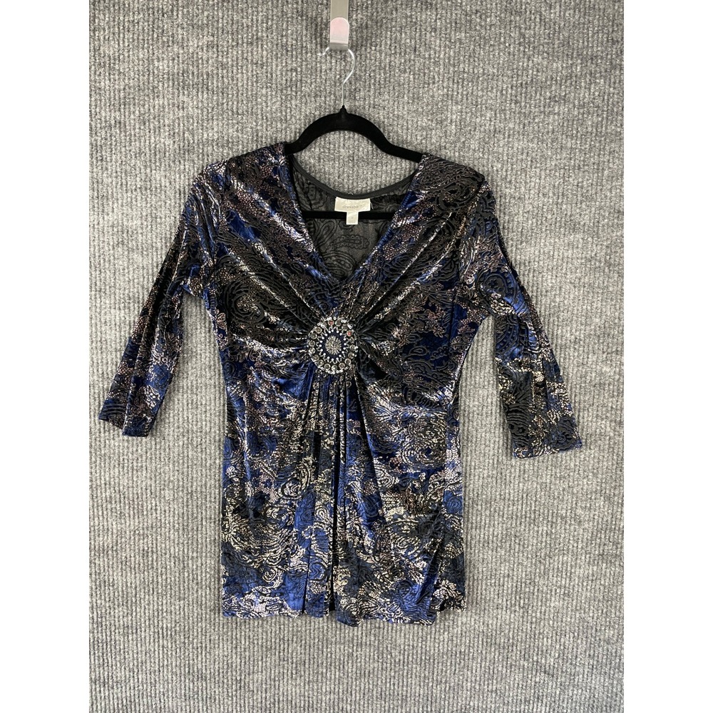Dressbarn Blue Black Velour Burnout Top Medium Y2K Whimsigoth Dark Romantic - Picture 2 of 7